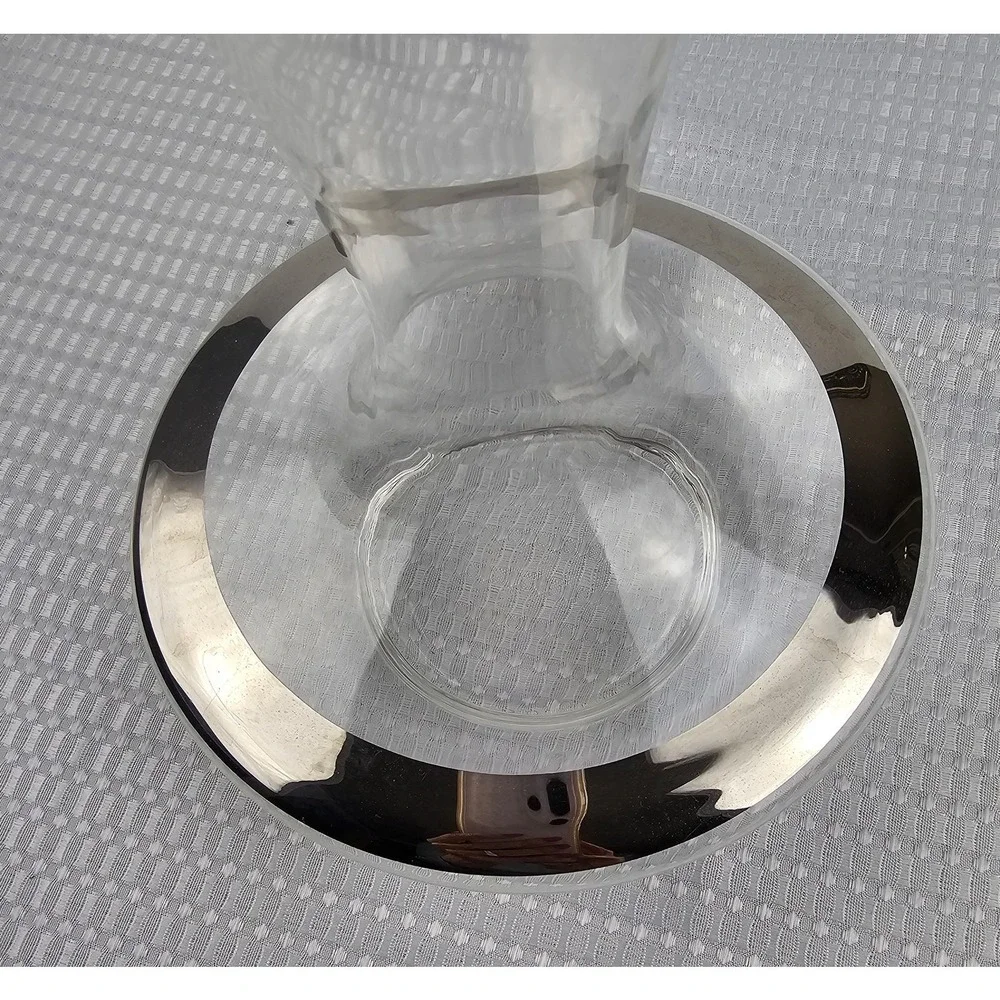 Modern Glass Wine Decanter with Silver‎ Band Accent Clear Flared Carafe 8.5in